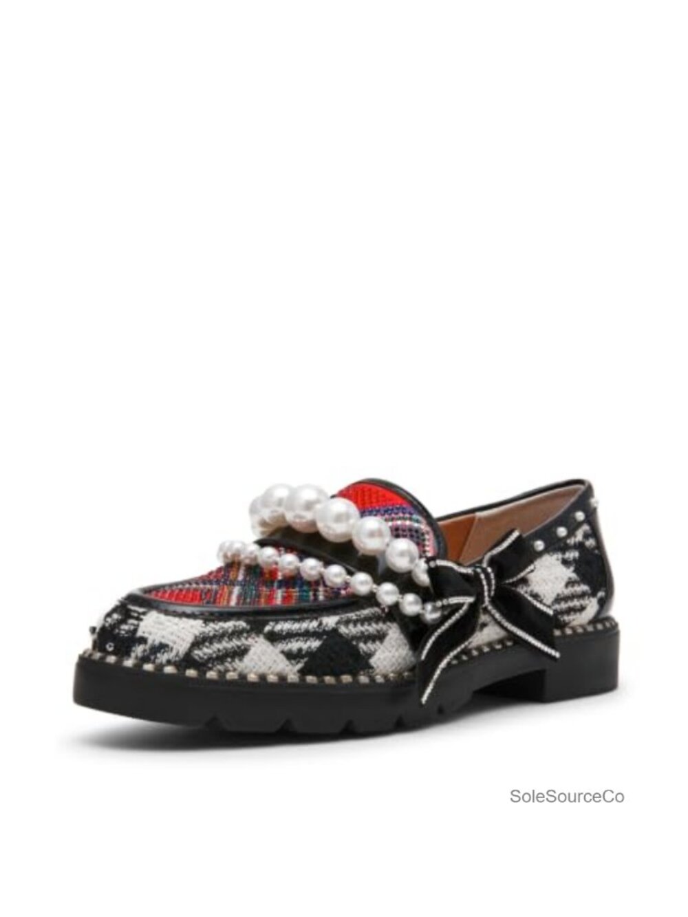 Plaid Platform Loafers with Oversized Pearl Ornament Round Toe Slip-On